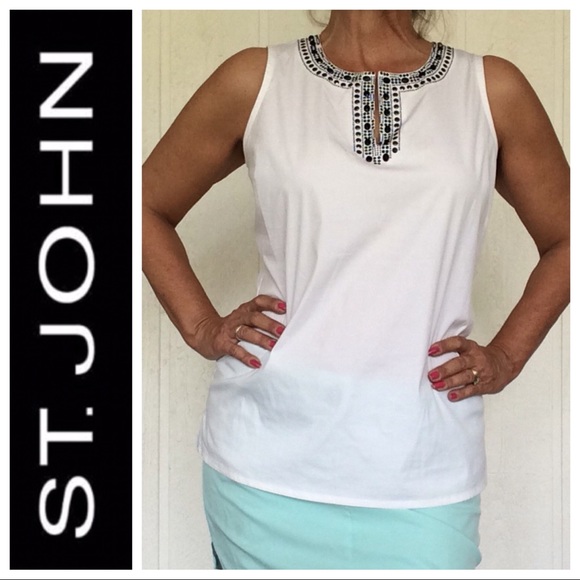 ST. JOHN SPLIT NECK EMBELLISHED SLEEVELESS TOP 8 - Picture 1 of 8